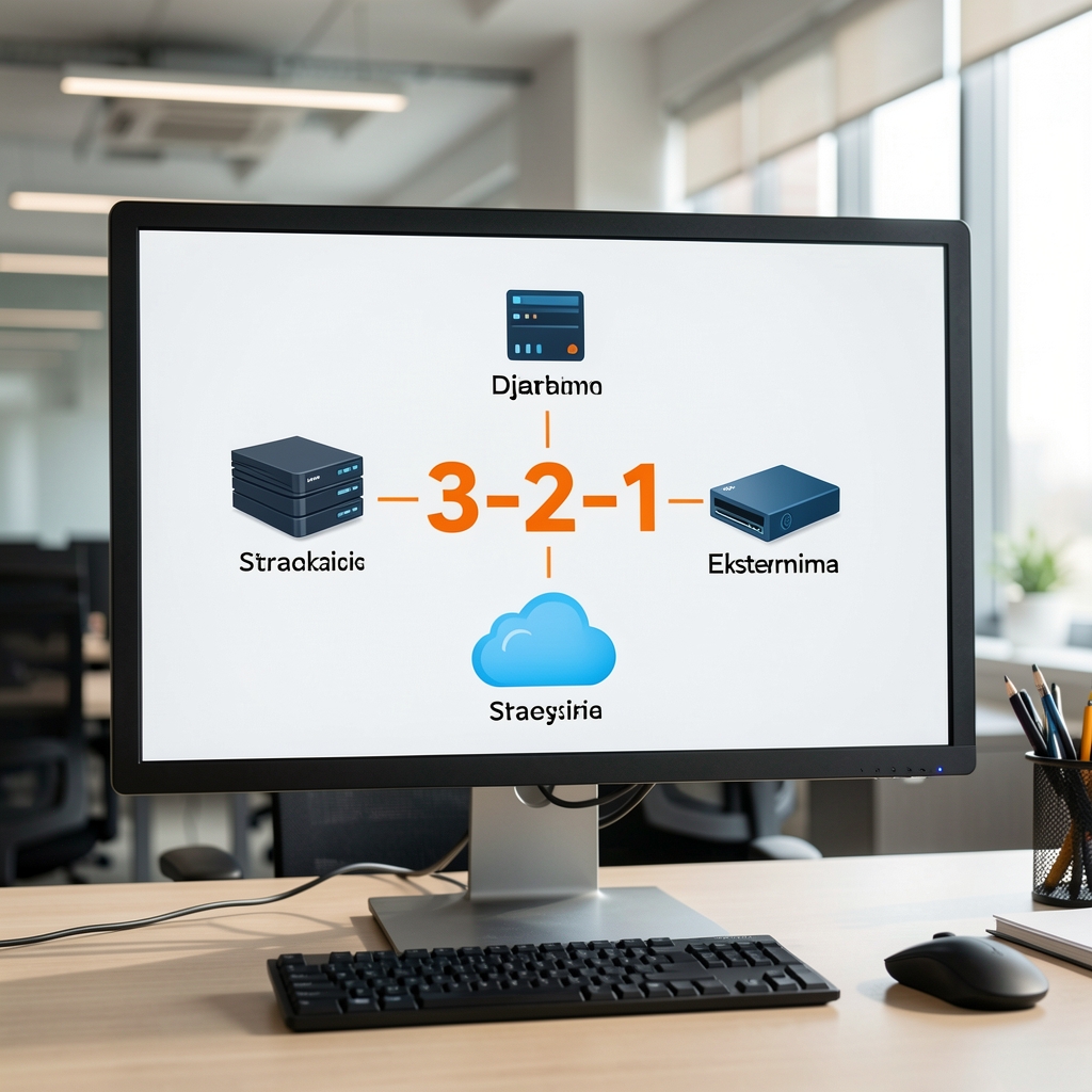 Dijagram strategije backup podataka 3-2-1 sa ikonama za NAS, cloud i eksternim HDD-om, prikazan na monitoru u kancelarijskom okruženju