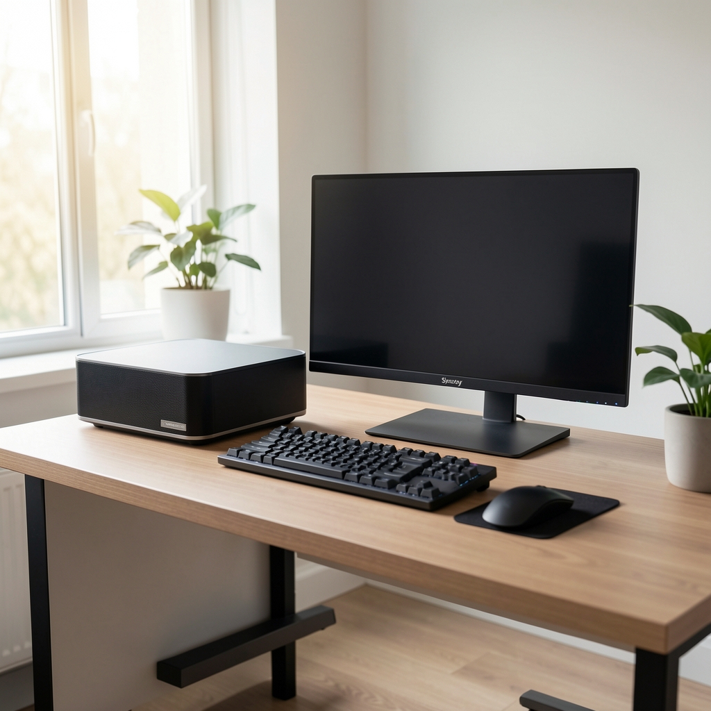 Уредна радна станица са NAS уређајем Synology, монитором и клавијатуром у модерном хоме офис простору са природним светлом