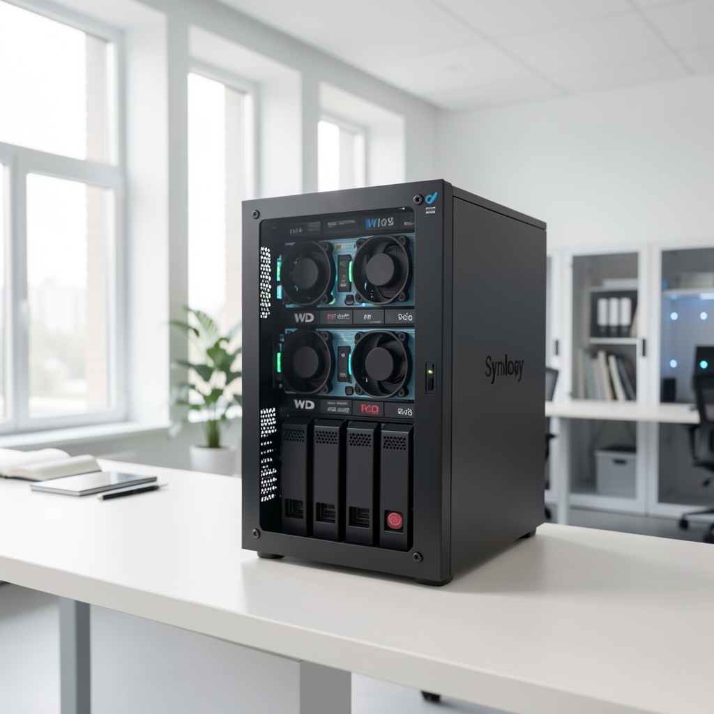 Детаљан поглед на Synology DS923+ NAS уређај са четири уметнута WD Red диска у осветљеној серверској соби