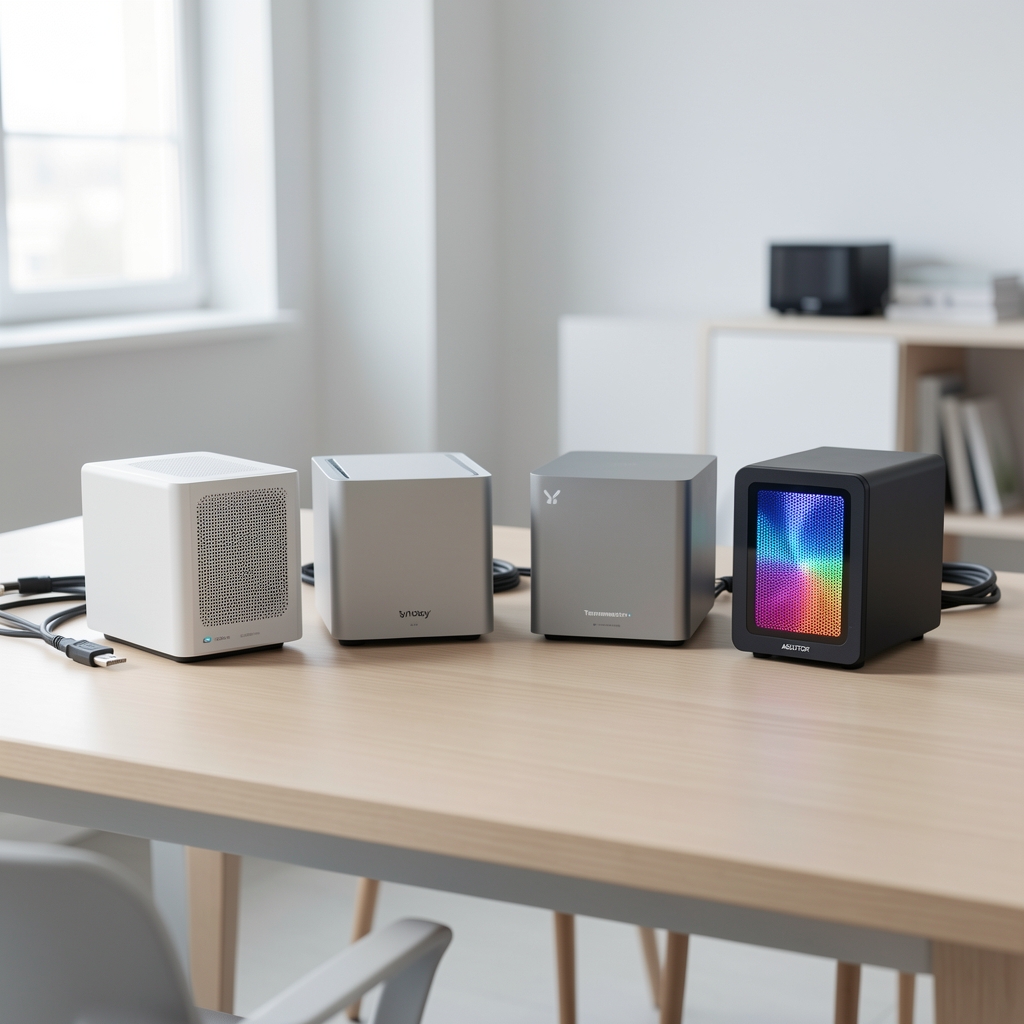 Четири различита NAS уређаја у поређењу: Synology DS923+, QNAP TS-453E, Terramaster F4-423 и ASUSTOR Lockerstor 4 Gen2 постављена на светлом столу са кабловима