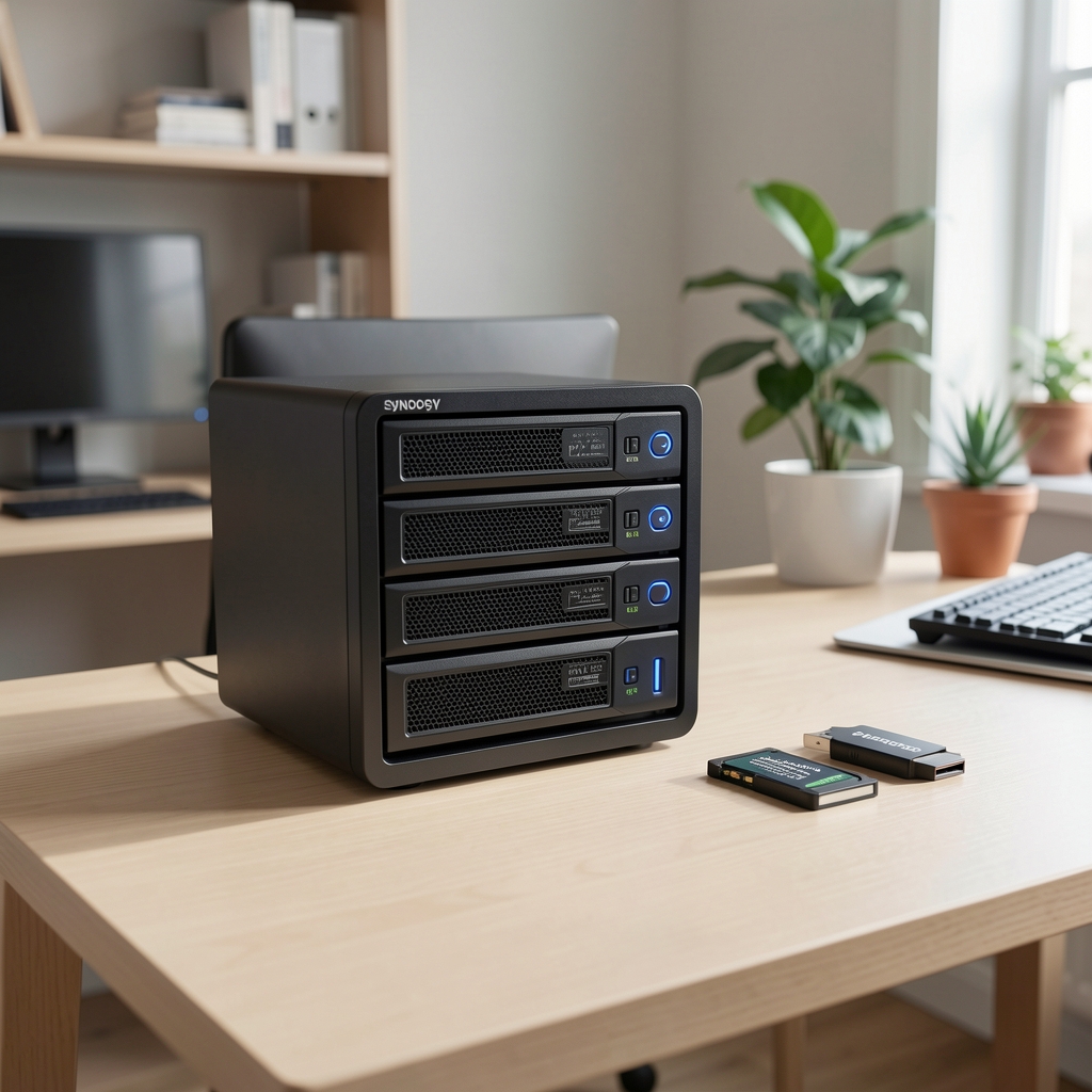 Модерни NAS сервер Synology DS923+ са четири диска, екстерни SSD Western Digital My Passport и USB меморија Samsung Bar Plus на светлом столу у хоме офис окружењу