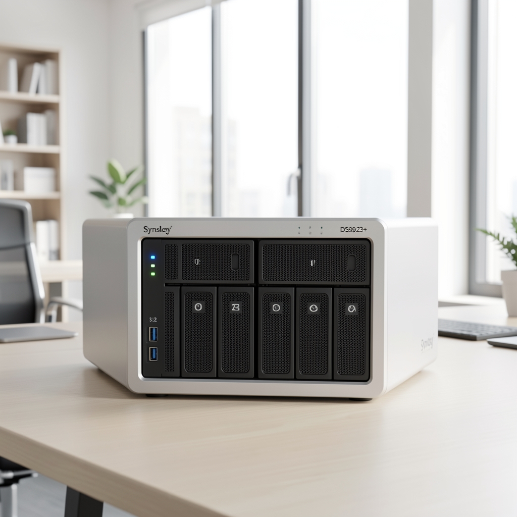 Synology DiskStation DS923+ четверобајни NAS сервер, предња страна са 4 лежишта за дискове, сребрно-сива боја, LED индикатори, USB 3.2 порт