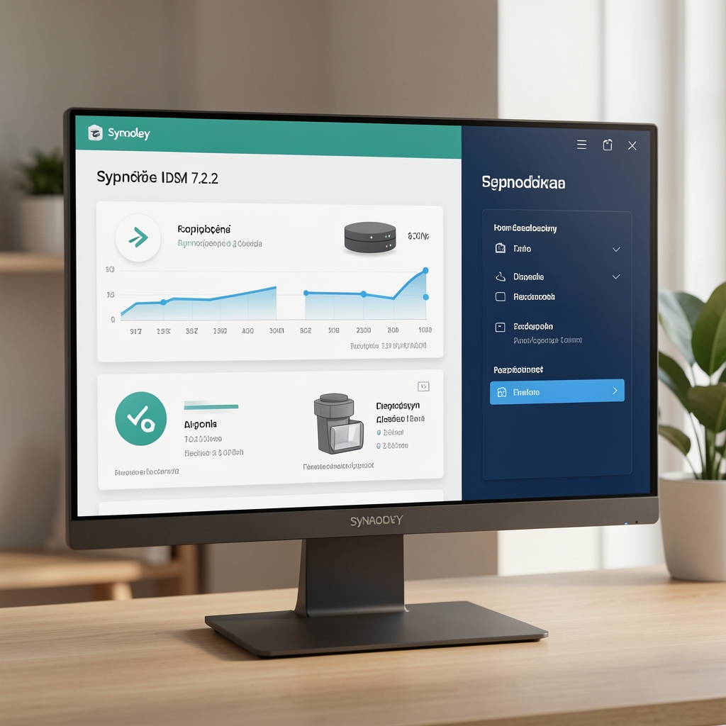 Synology DSM 7.2.2 интерфејс на монитору са графиконом искоришћења дискова и новим безбедносним панелом